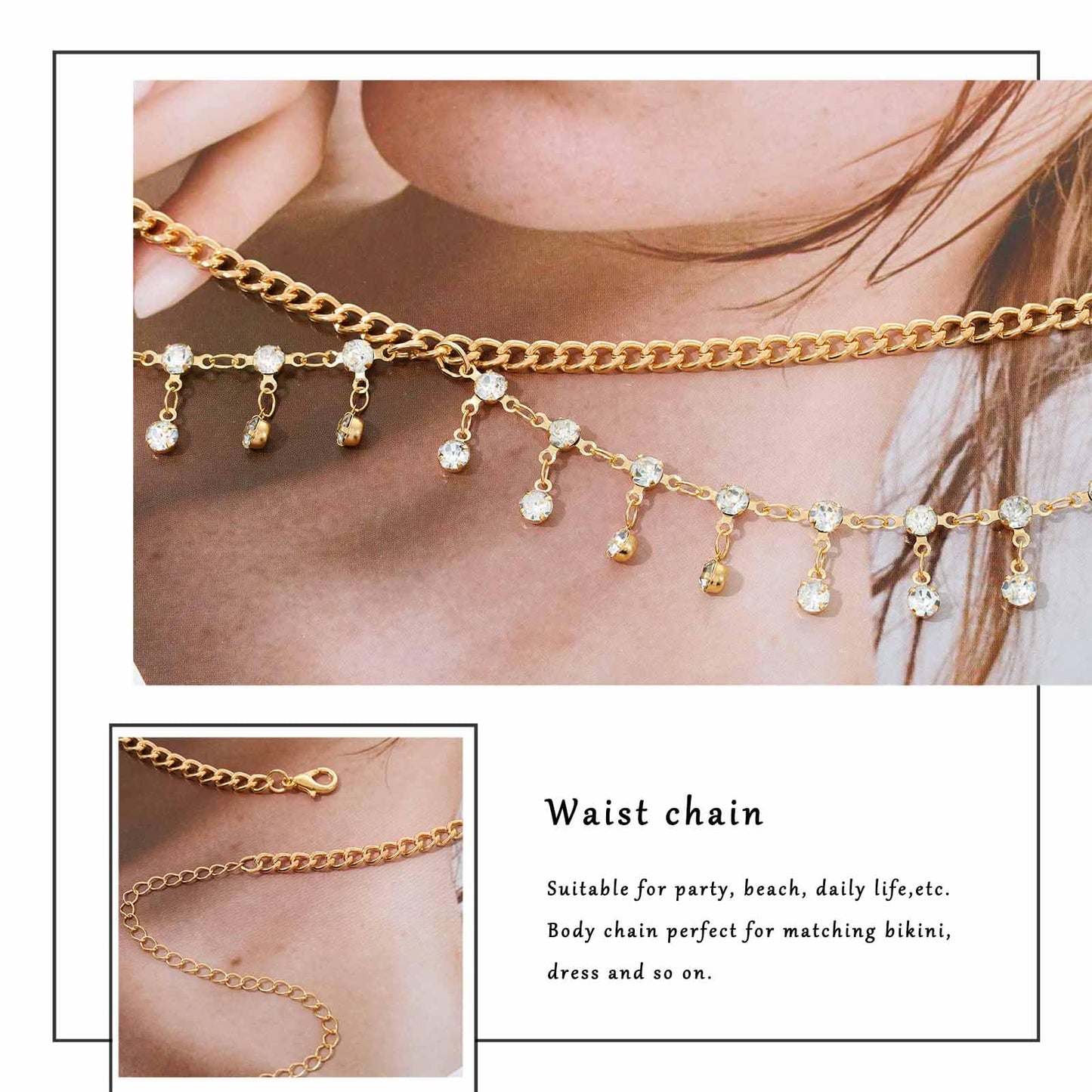 Florry Rhinestone Belly Chain Crystal Waist Chain Bikini Body Jewelry Chains Beach Belly Chain for the Waist Tassel Layered 18K Gold Body Chains for Women (Crystal)