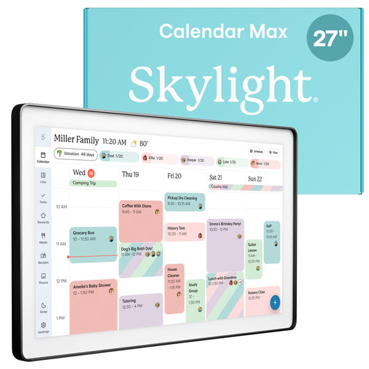 Skylight Calendar Max: 27-Inch Smart Digital Calendar & Chore Chart, Family Organizer with Interactive Touchscreen Display – Wall Mountable in Portrait or Landscape, Charcoal Shadowbox Frame