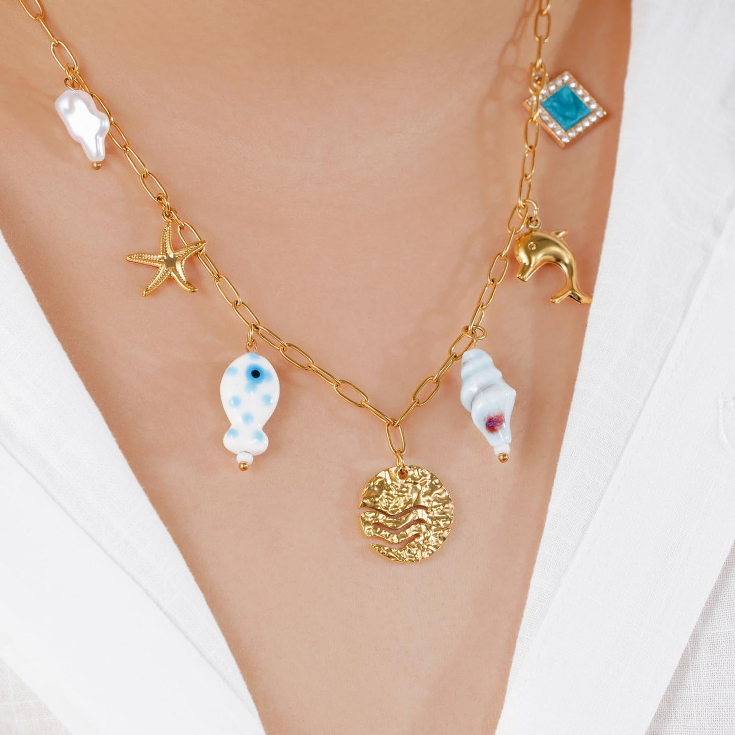 Chunky Gold Necklace Statement Boho Beach Ocean Summer Stainless Steel Jewelry Shell Starfish Turquoise Dolphin Pearl Sun Flower Wave Heart Fish Charm Choker Necklaces for Women(Wave)