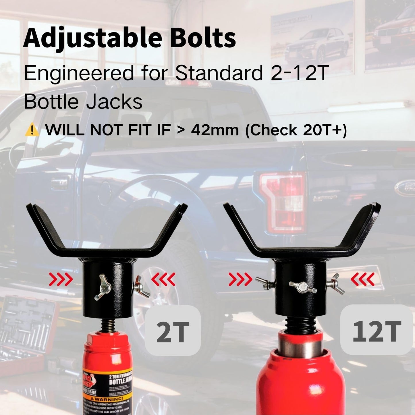Adjustable Bottle Jack Adapter with Triple-Lock, Secure Wobble-Free Fit for 2T-12T Bottle Jacks, Heavy Duty 1/4" Steel Saddle for 3" & 4" Axle Tubes on RV, Truck, Trailer