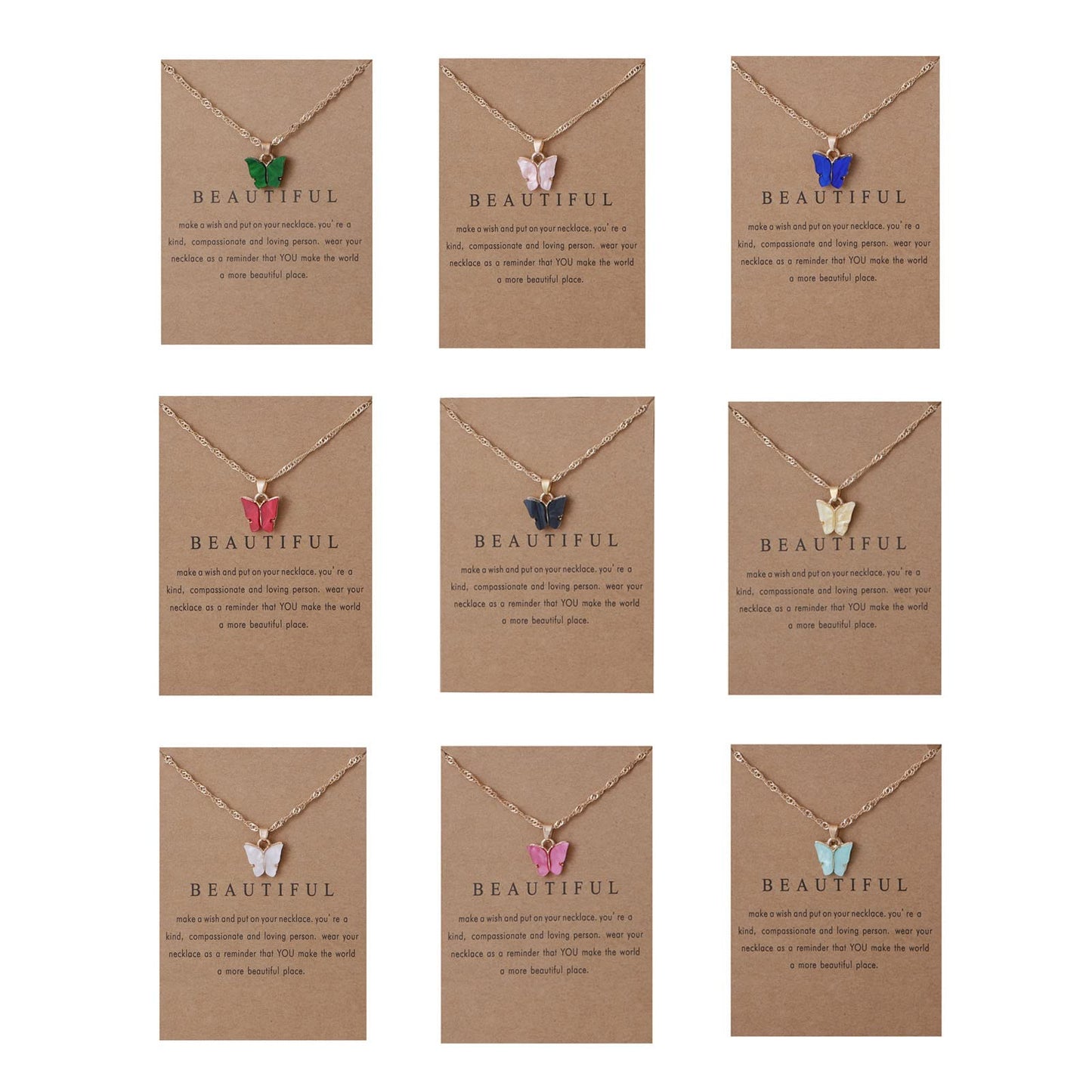Rrdaily 9 Pcs Dainty Colorful Butterfly Pendant Necklace Set for Women,Bohemian Acrylic Butterfly Chain Necklace Cute Jewelry Gift (Style#B-gold card)