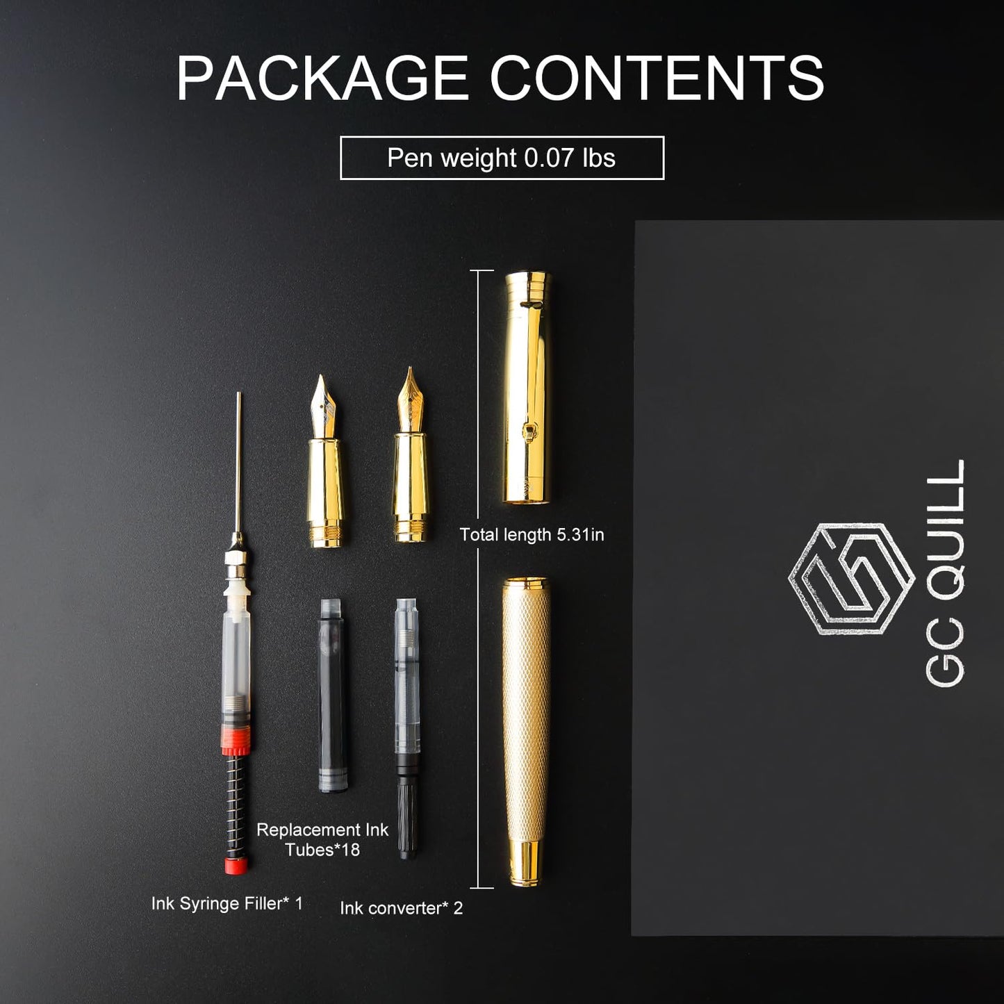 GC QUILL Fancy Fountain Pen Set – Fine and Medium Nibs, 18 Ink Cartridges, Ink Converter, Syringe Filler, Luxury Pen Gift for Men Women, Nice Pen for Writing Journaling (Gold)