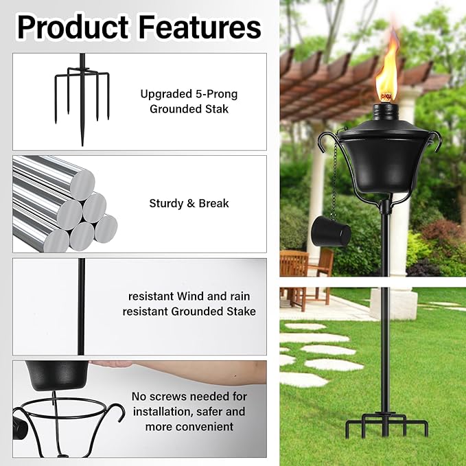 4 Pack Outdoor Garden Torch, 15 oz Outdoor Citronella Torches, 58 Inch 5-Prong Grounded Stake Torches, Metal Torches with Fiberglass Wick for Yard, Patio, Deck, Garden, Party, Landscape