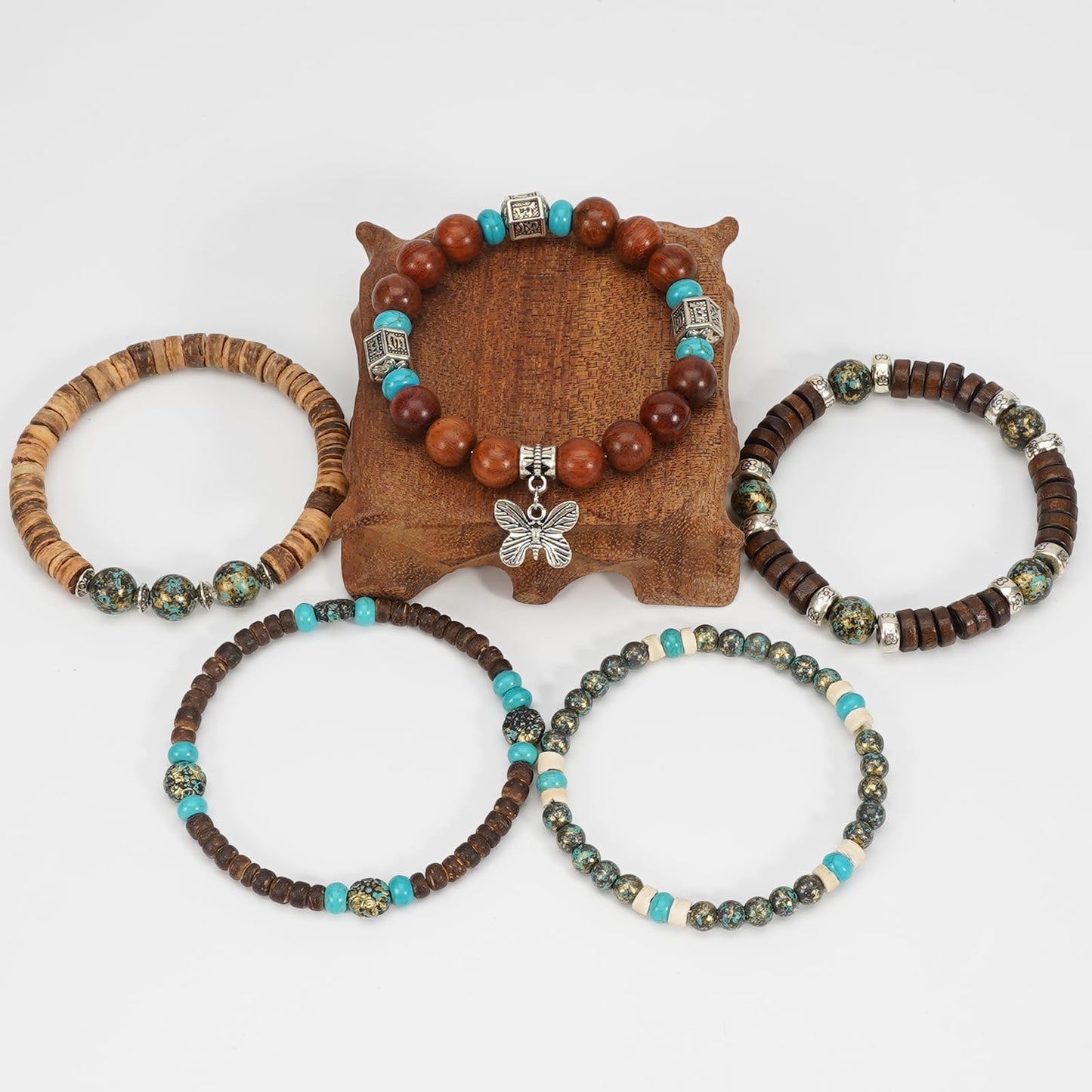 Briutn Boho Wooden Beads Bracelets Punk Gothic Bracelet for Men Women Adjustable Vintage Wood Beaded Bracelet Set