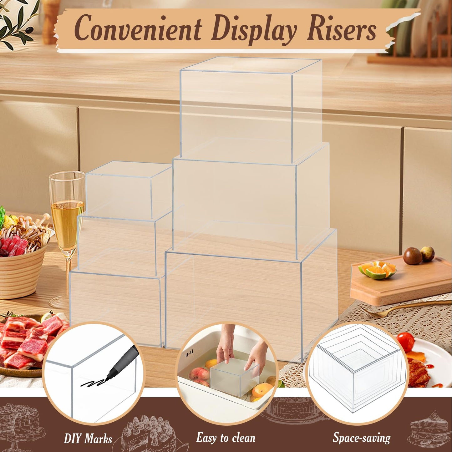 6 PCS Buffet Risers, Large Food Risers for Buffet Table, Food Display Risers for Party, White Acrylic Boxes Dessert Table Display Set, Risers Display Stands (Size 10" 9" 8" 7" 6" 5", Transparent)