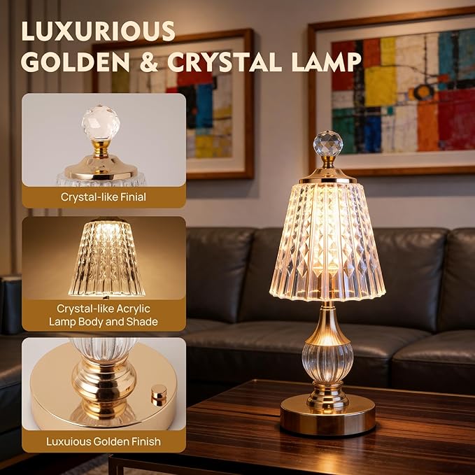 Vintage Gold Crystal Rechargeable Lamp Cordless, LED Touch Battery Operated Table Lamp, 3 Colors Dimmable Portable, Modern Home Decor, Bedroom, Bedside, Living Room, Kitchen, Diamond