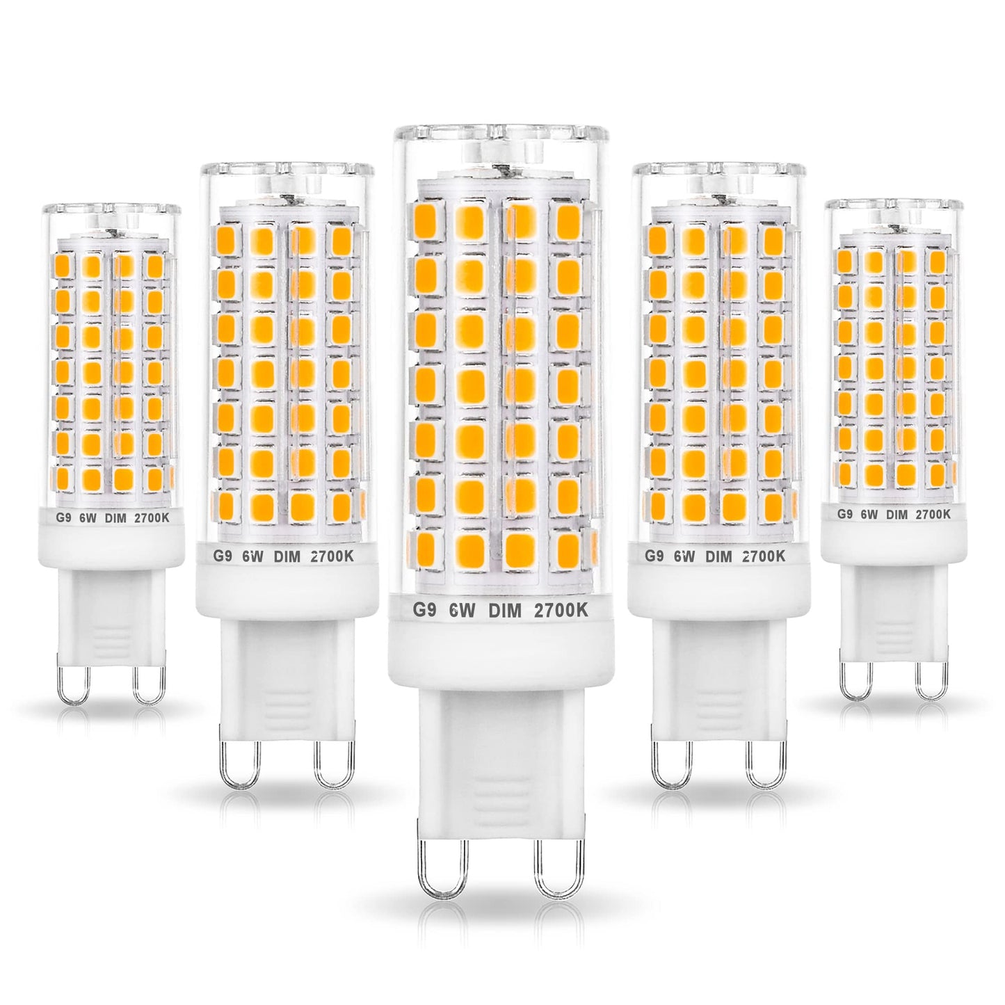 Ziomitus No Flicker G9 Led Bulbs Dimmable 6W Soft Warm White 2700K,40W 50W 60W Halogen Equivalent,AC120V Dimmable G9 T4 LED Bulb for Chandelier Pendant Ceiling Wall Light,600LM,360Deg(5Pack)