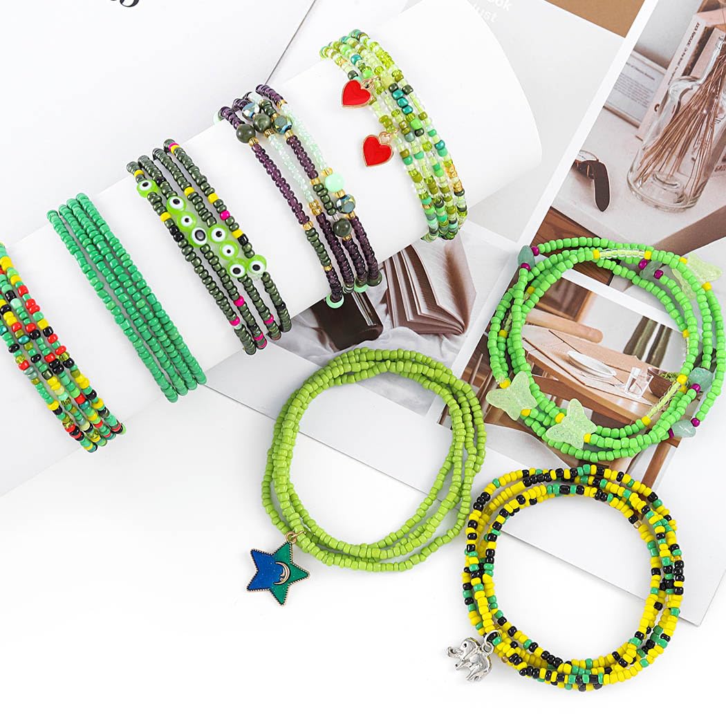 ELABEST 24-39inch African Waist Beads for Women 8Pcs Elastic Belly Beads Colorful Beaded Waist Jewelry Accessories Body Chain (Green, 23.6inch/60cm)