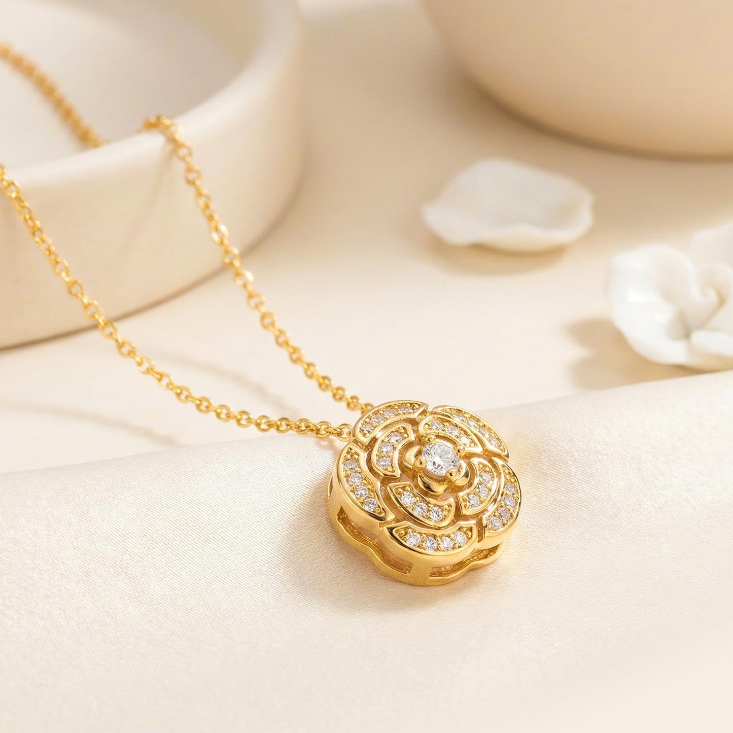 Tessalyn 18K Gold Plated Zircon Necklace for Women Gold-Tone Copper Base Pave CZ Diamond-Cut Pendant Gift Box Included