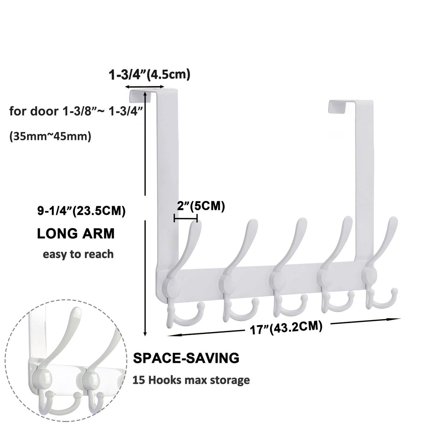 Dseap Over The Door Hook Hanger - Fits 1 3/8" to 1 3/4" Standard Doors | 5 Tri Hooks Heavy Duty Towel/Coat Rack | Door Organizer for Clothes, Jackets, Hats, Towels, White