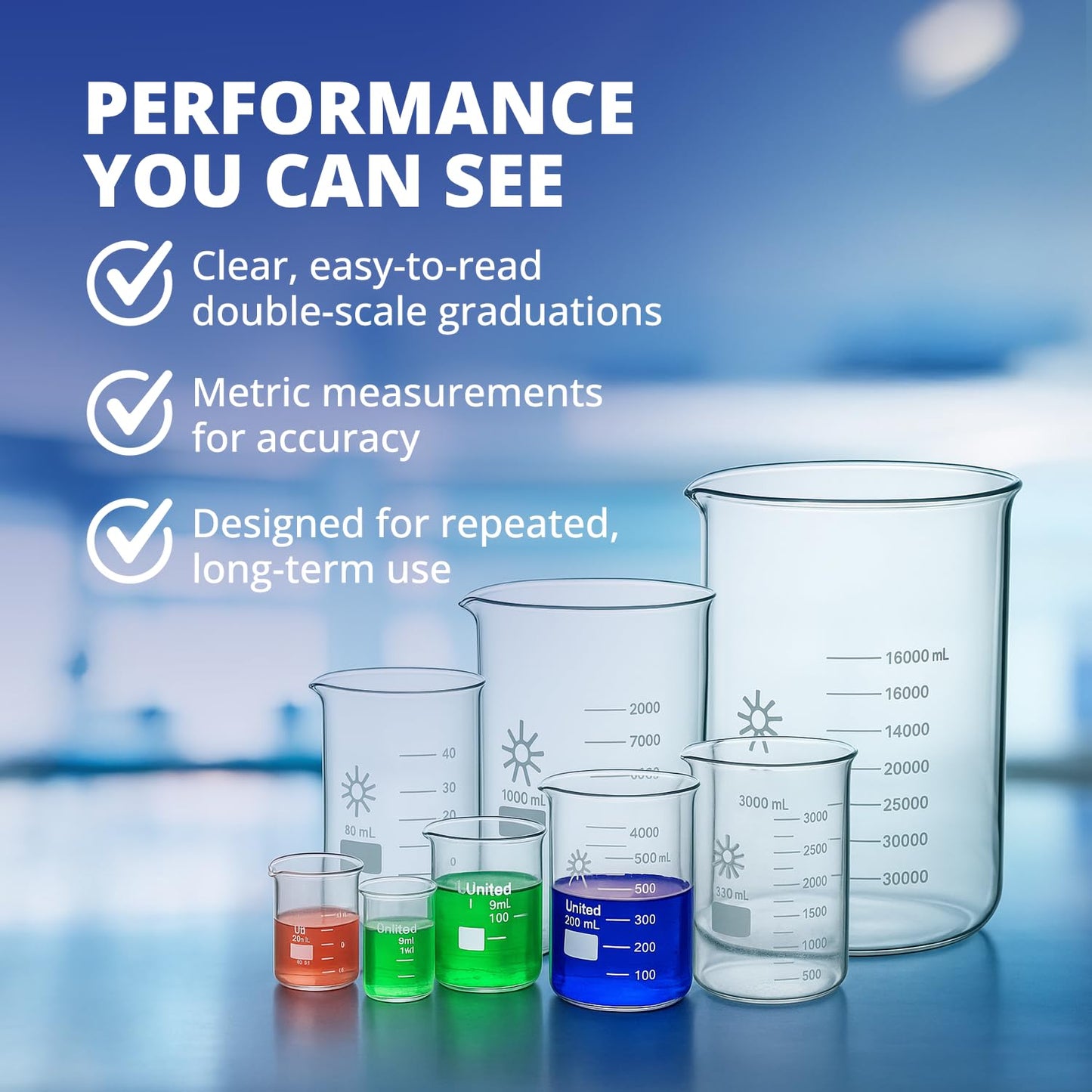 United Scientific™ Glass Beaker 5000mL, Low Form Griffin 3.3 Borosilicate, Double Scale Graduated Lab Beaker, ASTM-E960 Autoclavable Chemistry Glassware for Research, Educators, 1 Each