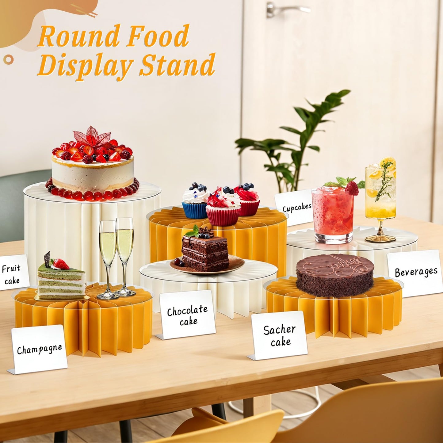 Youjoitim 6Pcs Buffet Risers, Food Risers for Table, Foldable Cake Display Stands, Tall Cardboard Cupcakes Stand for Show Catering Desserts Jewelry Wedding Birthday Party Decoration (Yellow White)