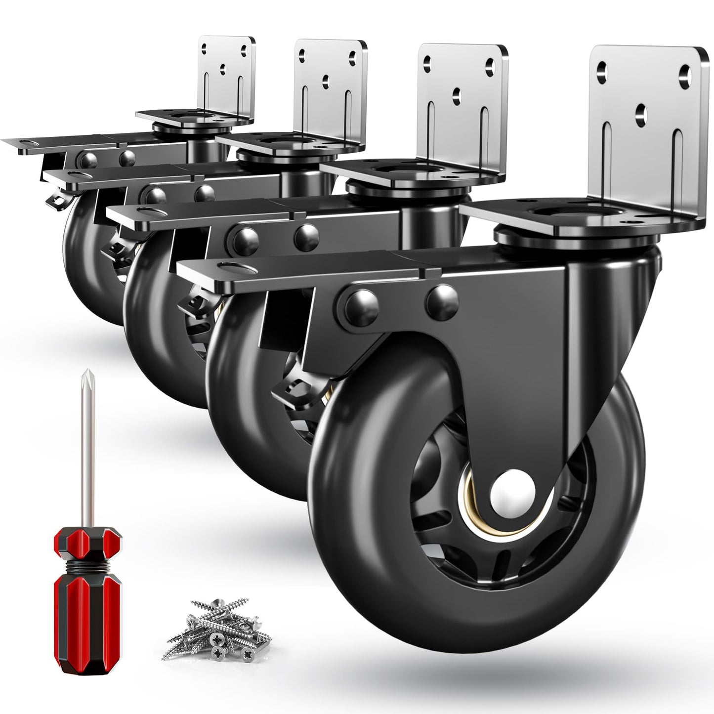 Side Mount Plate Caster Wheels - Thickened L-Shaped Mounting ，Heavy Duty 1600 LBS，Set of 4 with Brake，360° Swivel，Locking，Castor Wheels for Furniture，Carts，Cabinet，Table (Black, 4inchs)