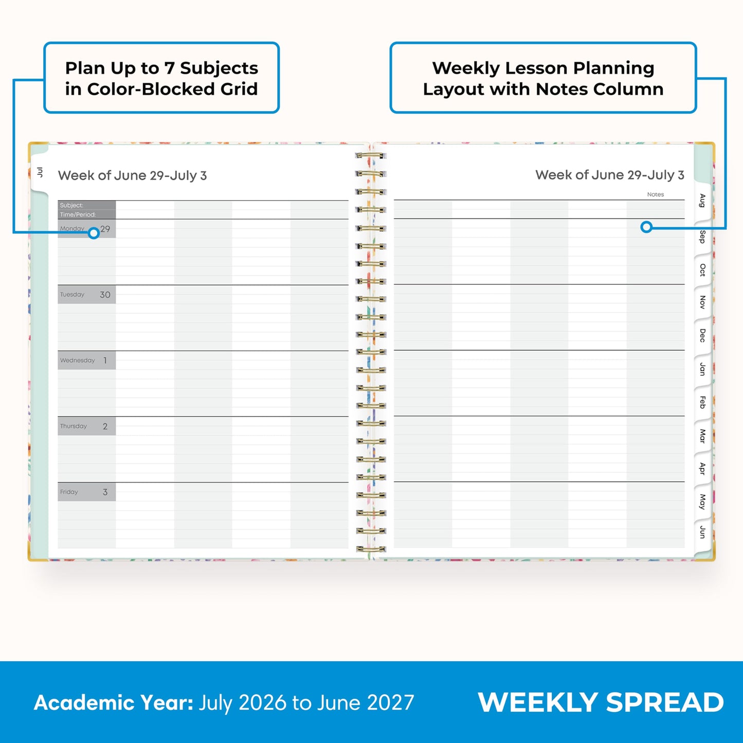 Blue Sky 2026-2027 Weekly and Monthly Academic Year Teacher Lesson Planner Calendar With Clipboard, July 2026 - June 2027, 8.5" x 11", Hard Cover, Wirebound, Laminated Tabs, Miah