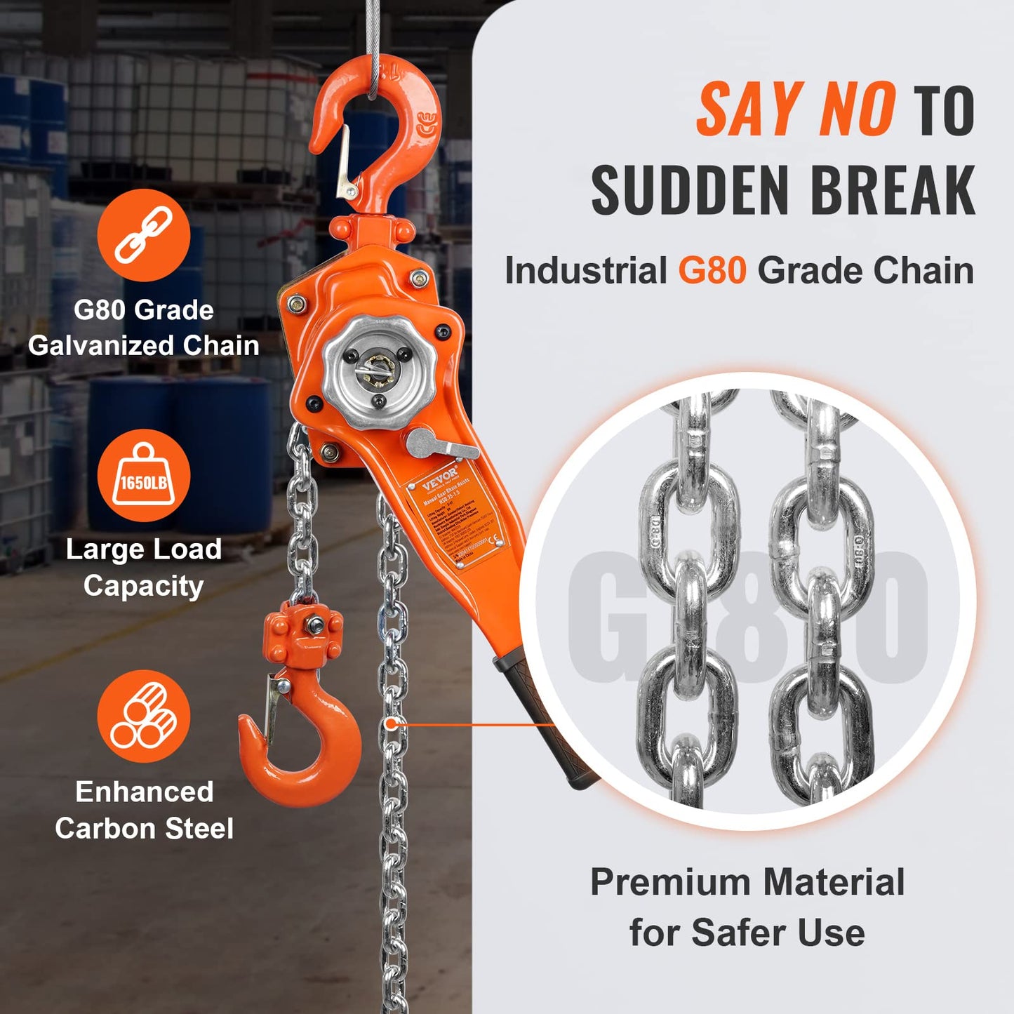VEVOR Manual Lever Chain Hoist, 3/4 Ton 1650 lbs Capacity 10 FT Come Along, G80 Galvanized Carbon Steel with Weston Double-Pawl Brake, Auto Chain Leading & 360° Rotation Hook, for Garage Factory Dock
