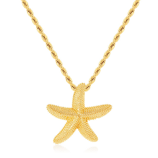 INNERDIVA Gold Starfish Pendant Necklace for Women 14k Gold Plated Summer Beach Beachy Ocean Jewelry Chunky Big Dainty Rope Chain Charm Necklaces Statement Seashell Shell Coastal Vacation Accessories