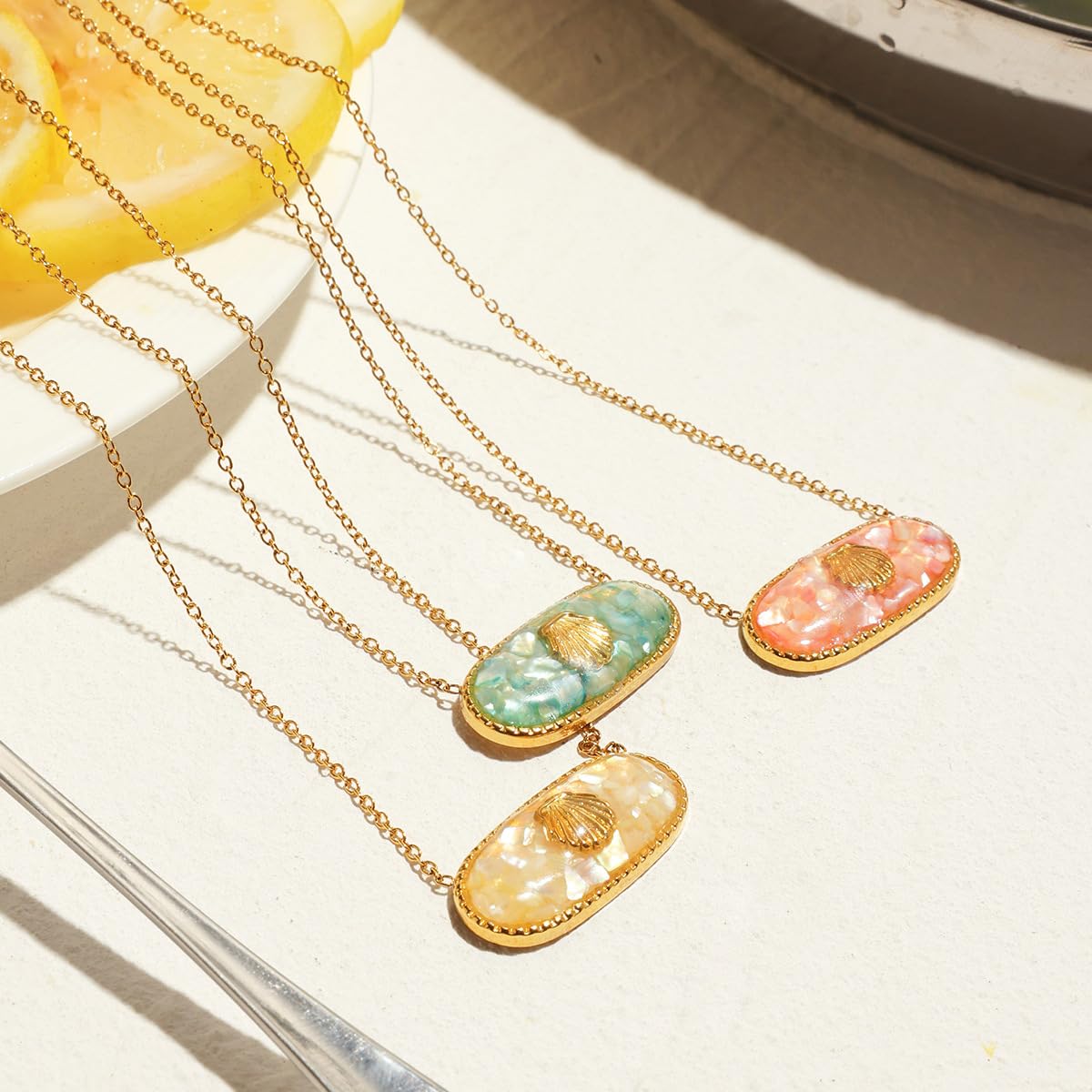 NUZON Enamel Seashell Pendant Necklace for Women Delicate 14K Gold Plated Chain Dangling Oval Inlay Pink Shell Necklace Ocean Cute Jewelry Gift Adjustable 16''