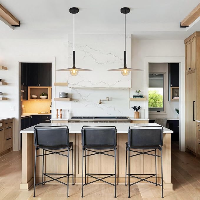 KCO Lighting Black Barn Pendant Light Large Dome Pendant Light Mid Century Modern Hanging Light Amber Glass Hanging Lamp Farmhouse Industrial Pendant Lighting