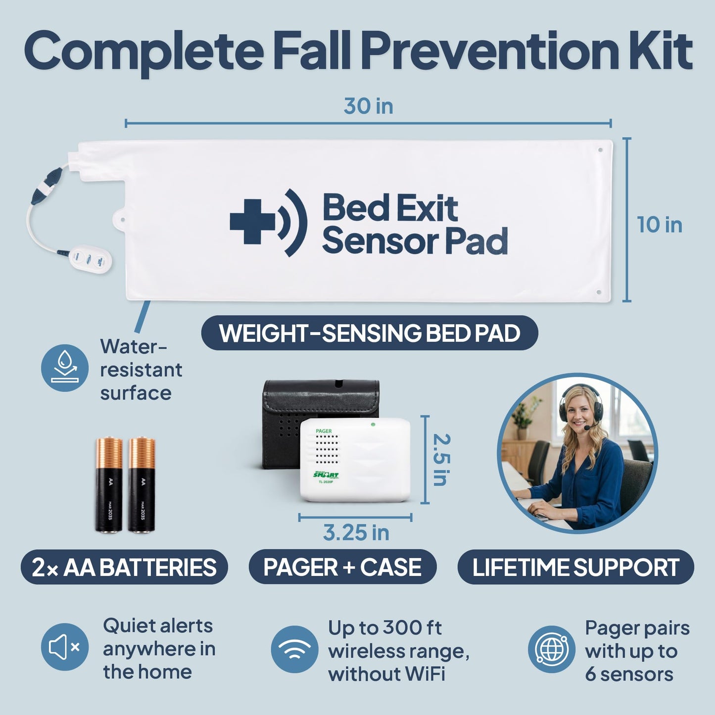 Smart Caregiver Bed Exit Alarm with Wireless Pager - Early Alert Fall Prevention for Seniors and Elderly - Weight Sensing Bed Pad Alerts Caregiver When They Get Up - USA Company and Customer Service