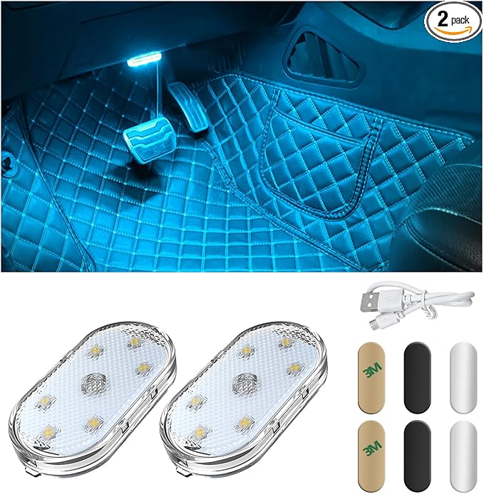 2 PCS Car LED Lights Interior Wireless, Magnetic Car Ambient Lighting with 6 Bright LED Lamp Beads, Portable USB Rechargeable Vehicle Interior Led Night Light for Car (Ice Blue)
