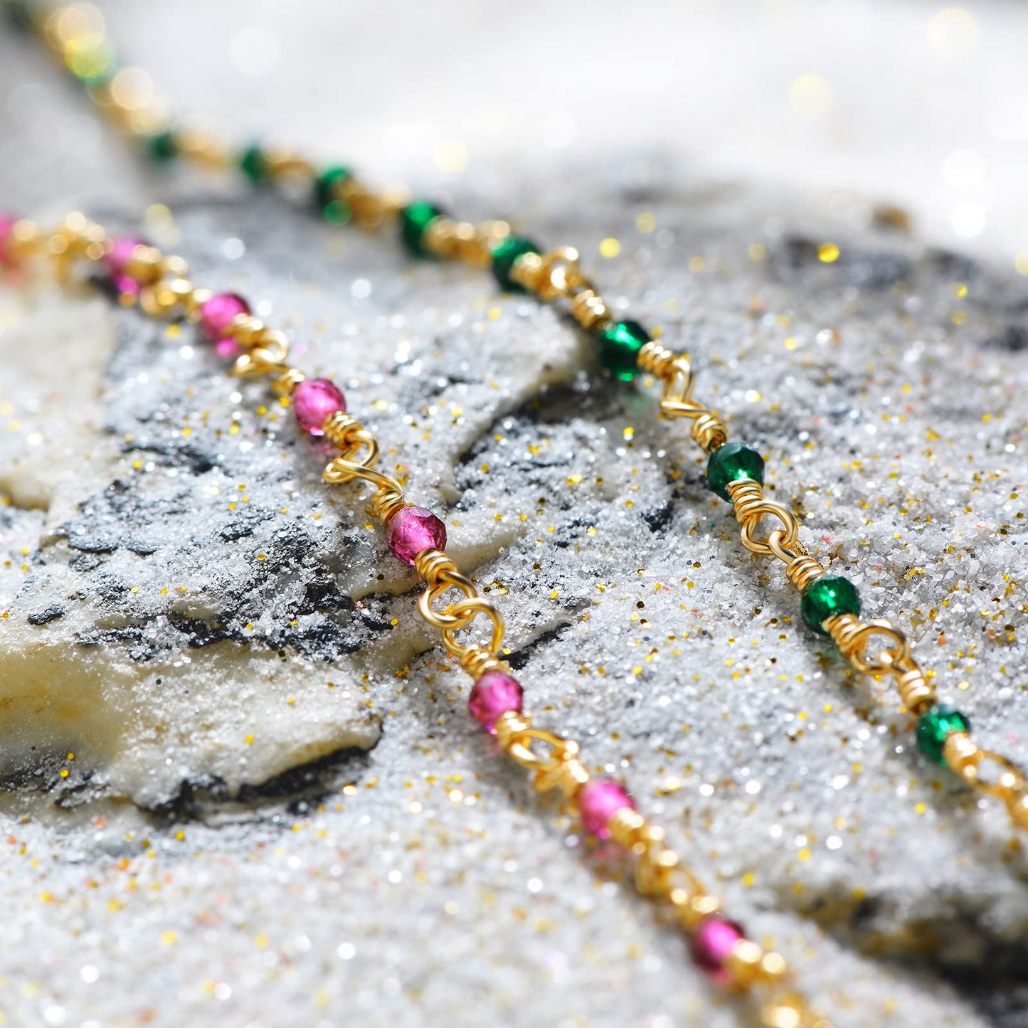 MTMY Beaded Necklace for Women 14K Gold Plated Dainty Colorful Beaded Pearl Choker Necklace Delicate Boho Choker Necklace Jewelry Gift (Crystal-rose)