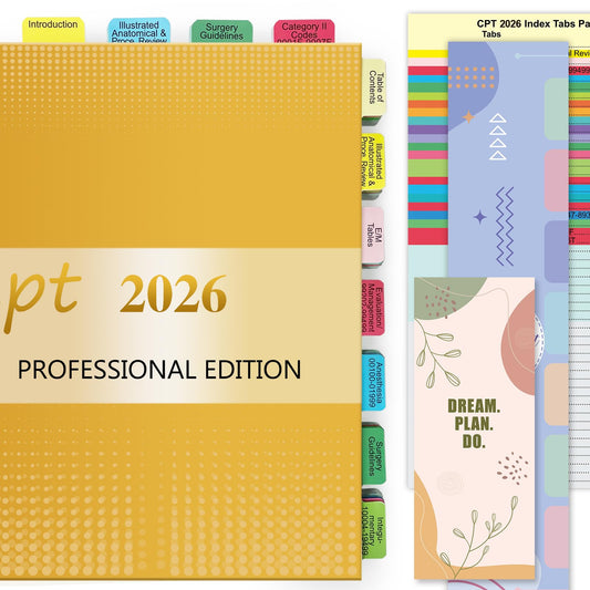 Upgraded Index Tabs for CPT 2026 Professional Edition, Complete CPT Book Tabs, Laminated, Color-Coded & Long-Last, with Page Numbers and Alignment Guide & Inspirational Bookmark (Book not Included)