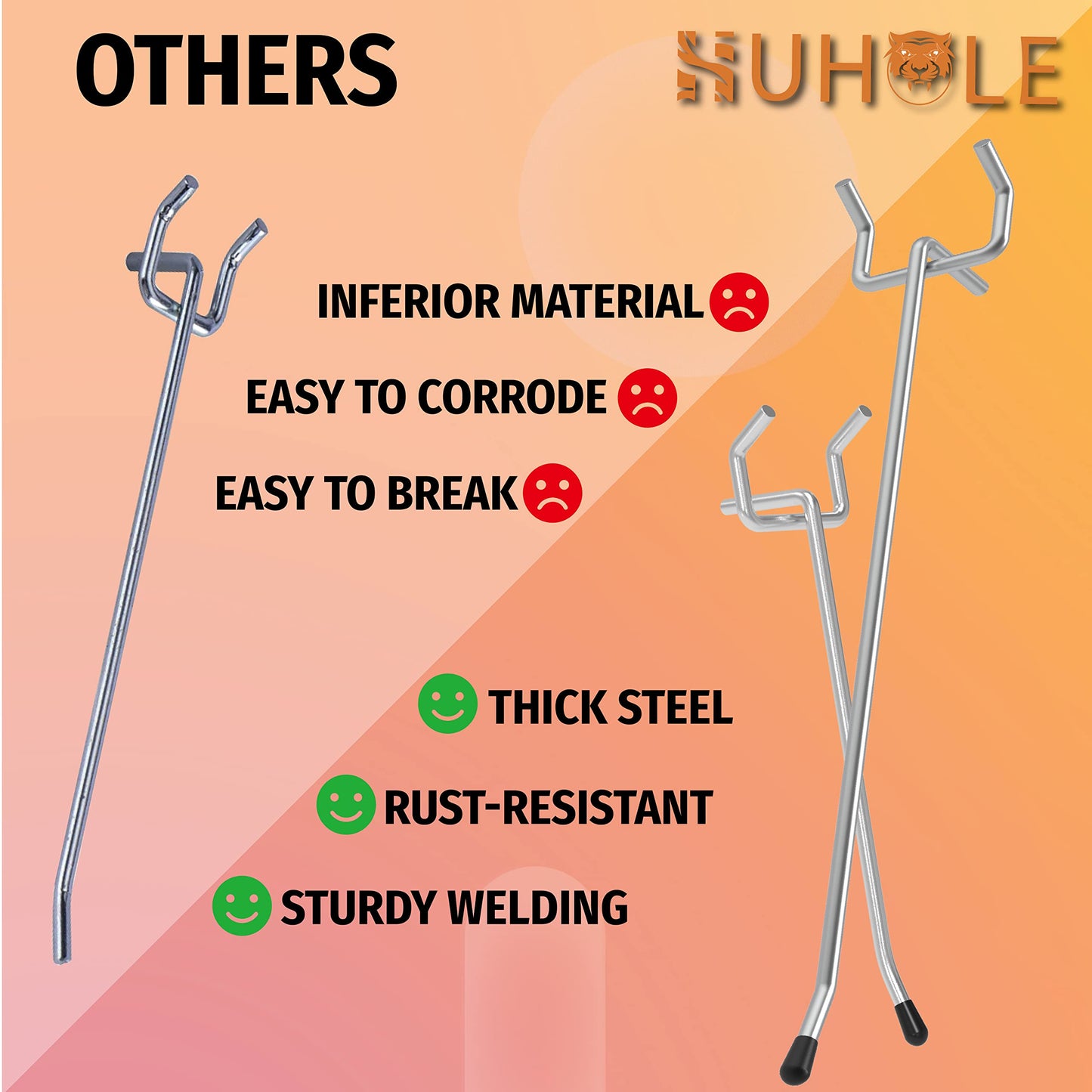 HUHOLE 50-Pack Silver Pegboard Hooks 6 Inch, Heavy Duty Matte Finish Metal Peg Board Hangers, Fits 1/8" & 1/4" Boards, Rust-Resistant Organizer for Garage, Shop, Workbench & Retail Display
