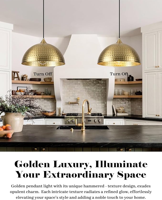 Gold Pendant Lights Kitchen Island 2 Pack, 12 Inch Hammered Dome Pendant Light, Farmhouse Kitchen Pendant Lights, Industrial Hammered Pendant Light for Kitchen, Dining Room, Barn