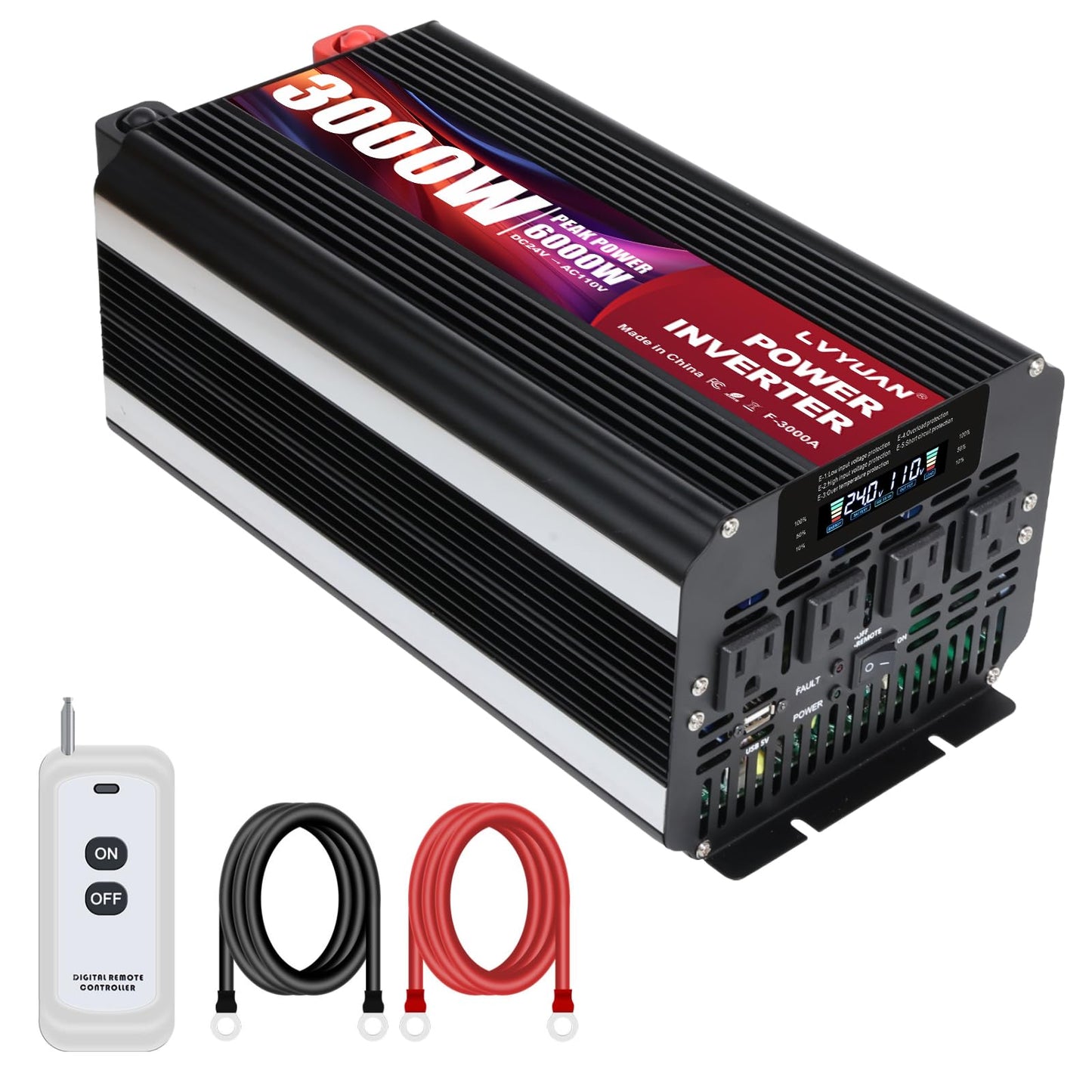 LVYUAN 3000 Watt Power Inverter 24V to 110V 120V DC to AC with 4 AC Outlets, LCD Display, USB Port & Remote Control for Home, RV