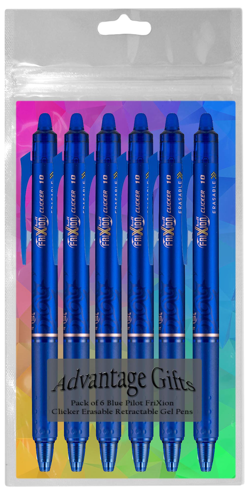 Advantage Gifts FriXion Clicker Retractable Erasable Gel Pen, Blue, Bold Point, 6-pk; Bundle with Plastic Reusable Pouch