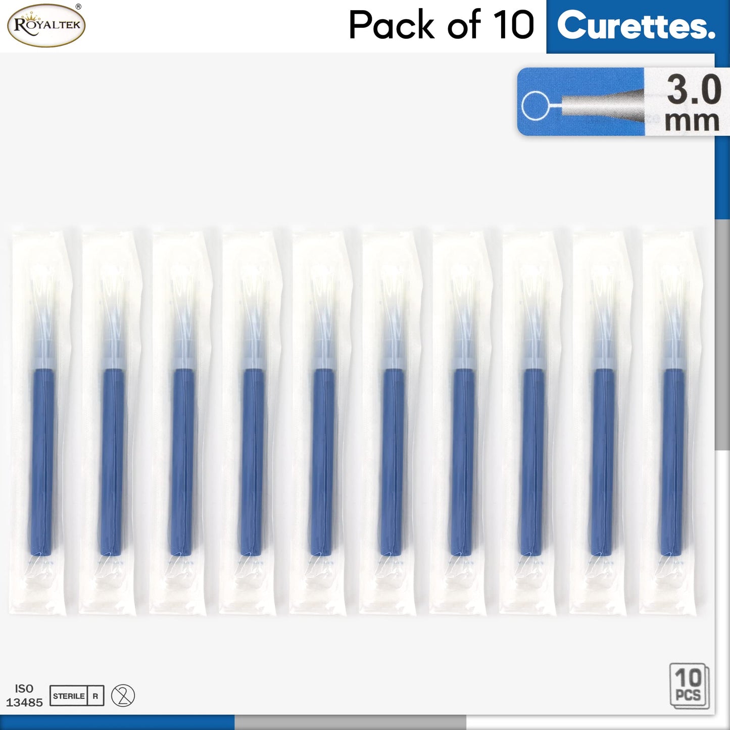 Sterile Disposable Dermal Curettes, Easy Peel Packing - Box of 10 (3.00 mm)