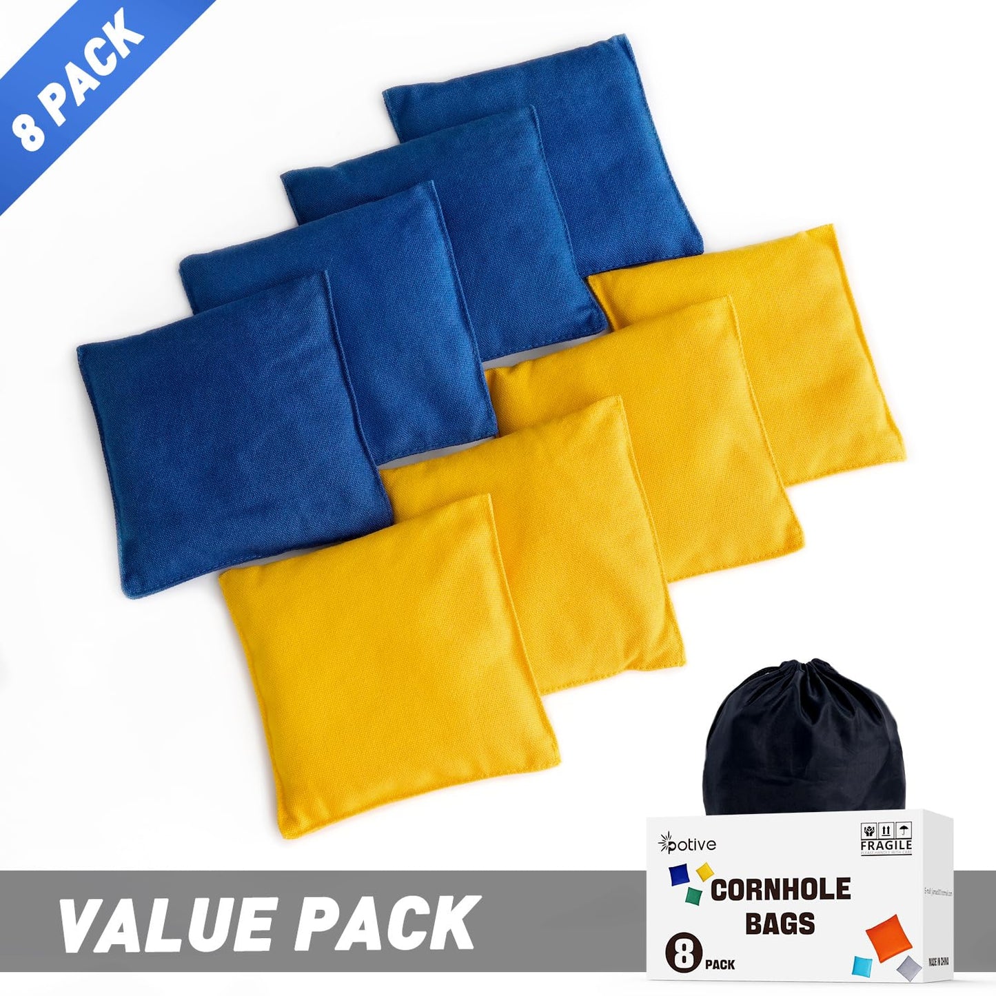 POTIVE Cornhole Bags Set of 8 Regulation Corn Hole Bean Bags for Cornhole Game, Professional Weather Resistant Corn Hole Bags with Tote Bag（Blue/Yellow）