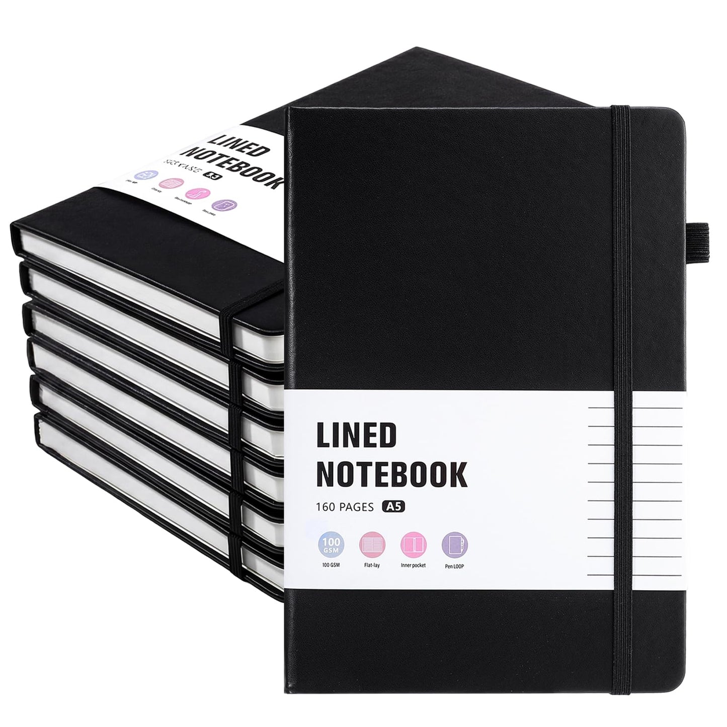 Thboxes 6 Pack Hardcover Journaling Notebooks, 5.6" x 8.2" A5 Multicolor Ruled Notebooks with Pen Holder, Lined Journals for Women Man Office Supplies Note-Taking, Work, School，Black