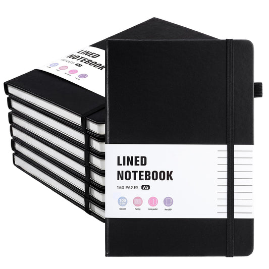 Thboxes 6 Pack Hardcover Journaling Notebooks, 5.6" x 8.2" A5 Multicolor Ruled Notebooks with Pen Holder, Lined Journals for Women Man Office Supplies Note-Taking, Work, School，Black