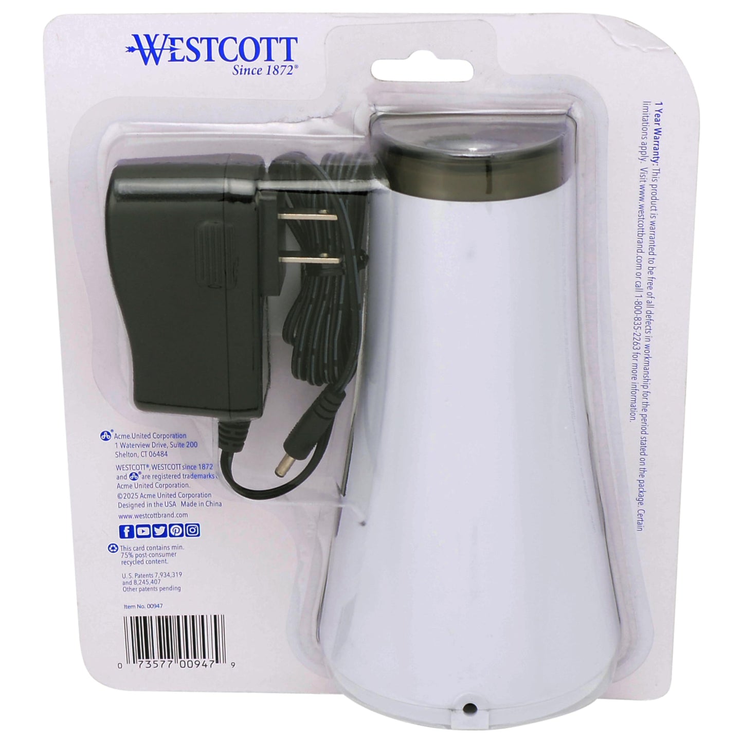 Westcott iPoint Curve Electric Pencil Sharpener, White