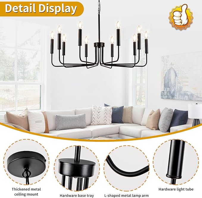 Farmhouse Candle Chandelier, 10 Light Rustic Black Ceiling Pendant Light Fixture, L-Arm Design Industrial Dining Room Hanging Lighting for Living Room, Entryway, Foyer, Kitchen Island