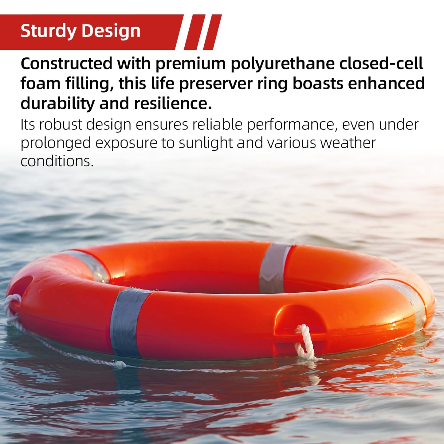 Calvana 28 Inch Life Ring Buoy with Grab Rope, Marine Throw Ring Lifebuoy for Boat Dock Pool Waterfront Safety, Closed-Cell Polyurethane Foam Core, High-Strength Polyethylene Shell, Red