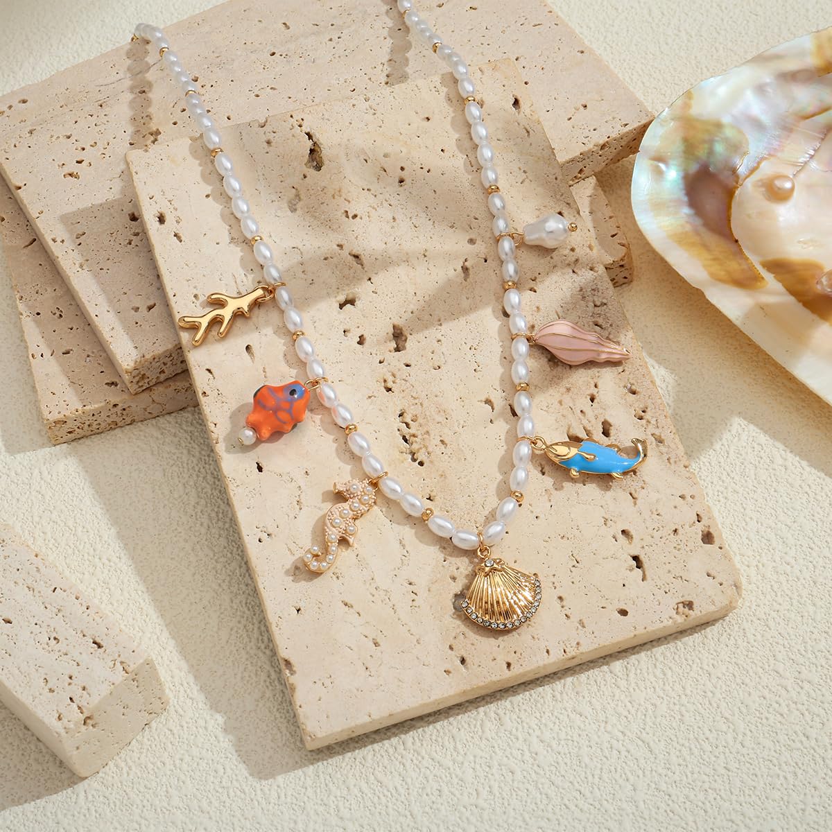 LILIE&WHITE Sea Shell Necklace For Women Gold Charms Necklace Seahorse Seashell Bead Pearl Necklaces Little Fish Conch Pendants Summer Beach Necklaces Jewelry