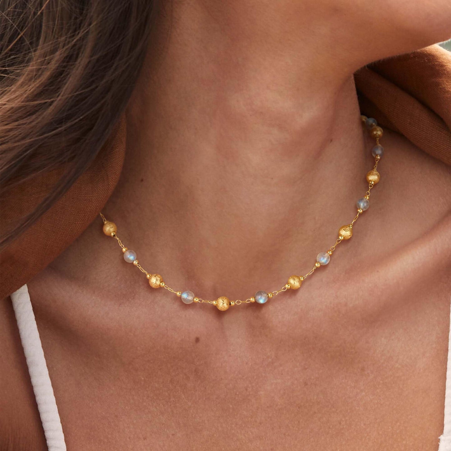 LOLAR RAY Beaded Gold Necklace for Women - 14K Gold Plated Stone Handmade Bead Choker Short Chain Link Charm Necklace For Jewelry Gift
