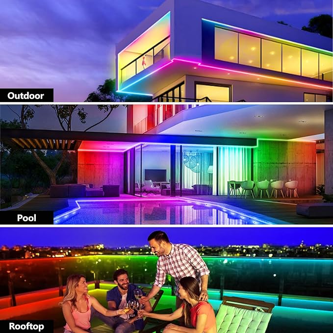 32.8FT Outdoor LED Strip Light Waterproof,IP68 Outside RGB+IC Light Strip with App/Remote Control,Chase Mode,Music Sync Rope Light for Balcony,Deck,Rooftop,Garden,Pool