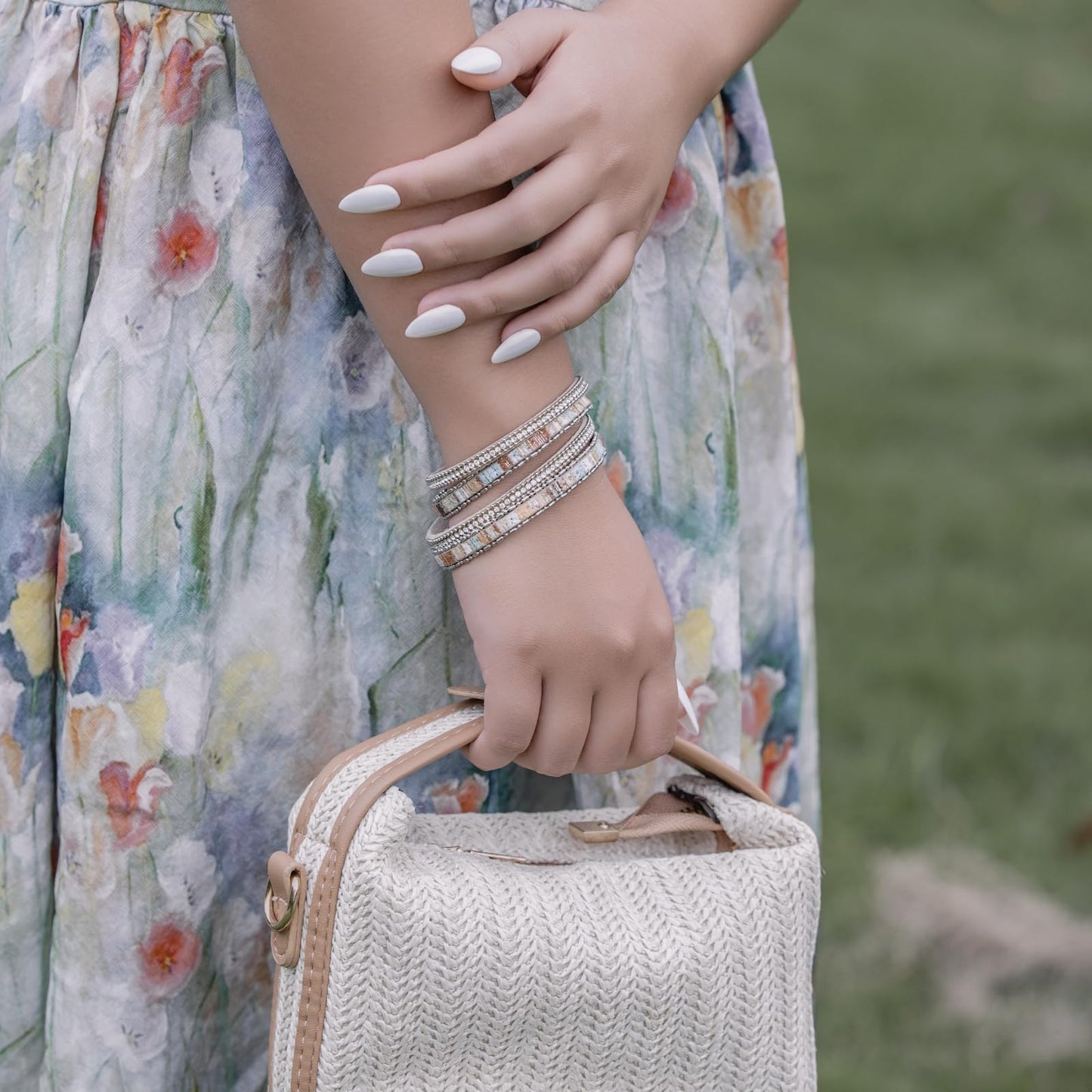 FANCY SHINY Boho Leather Wrap Bracelet Stackable Crystal Rhinestone Bangle Cuff with Magnetic Clasp Trendy Bohemian Jewelry for Women(Beige)