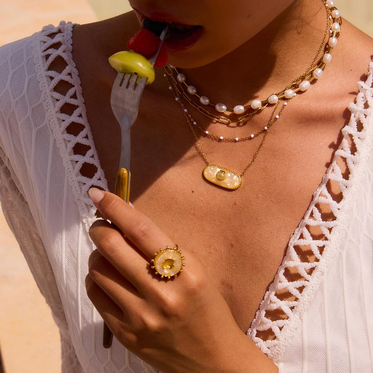 NUZON Enamel Seashell Pendant Necklace for Women Delicate 14K Gold Plated Chain Dangling Oval Inlay Yellow Shell Necklace Ocean Cute Jewelry Gift Adjustable 16''
