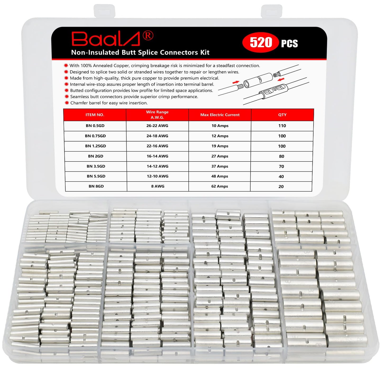 BAALA 520 PCS Non Insulated Butt Connectors Kit,26-8 Gauge Butt Splice Connector Uninsulated Wire Splice Connectors, Tinned Copper Marine Grade Seamless Barrel Crimping Butt Terminals