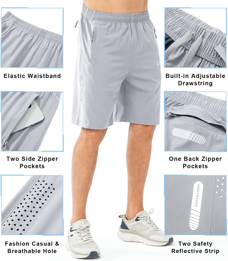 NORTHYARD Men's Athletic Running Shorts Gym Workout 7"/9"/5" Quick Dry Lightweight Sports Basketball Tennis 3 Zipper Pockets GREY-9inch 3XL