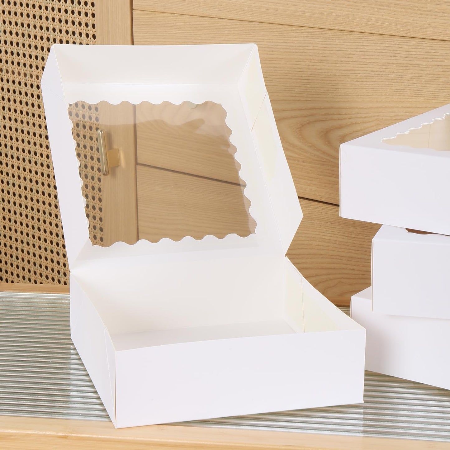 PFAMKEER 36 pcs 9x9x2.5 Inches Cake Box with Window, Bakery Pastry Cookie Boxes, Mini Pie for Pastry,Dessert,Strawberries,Chocolates (White, 9x9x2.5inch/36pcs)