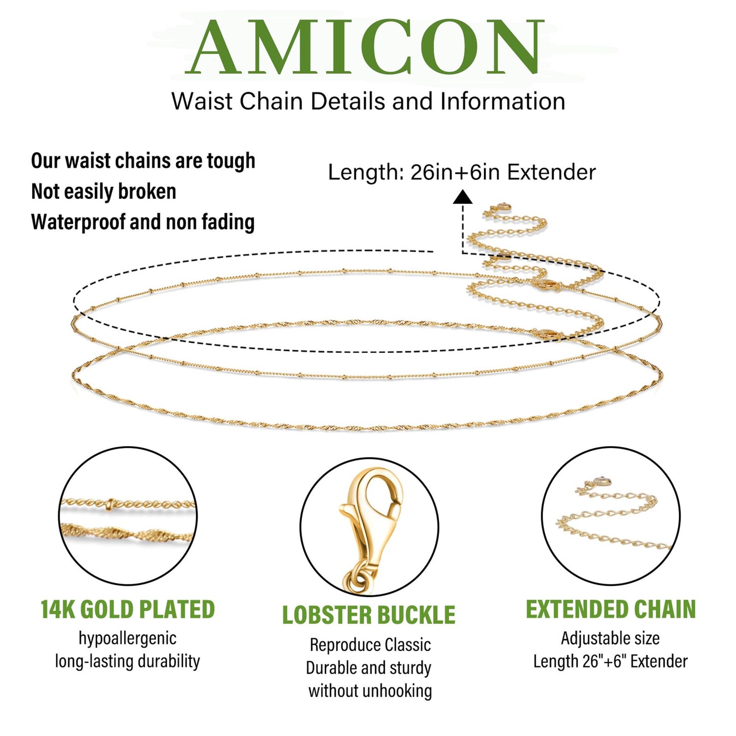 Amicon 2PCS 18K Gold Plated Waist Chain Satellite Body Chain Layered rope Waist Chains Sexy Bikini Beach Waist Chain for Women Waterproof Adjustable 26.5-33Inch