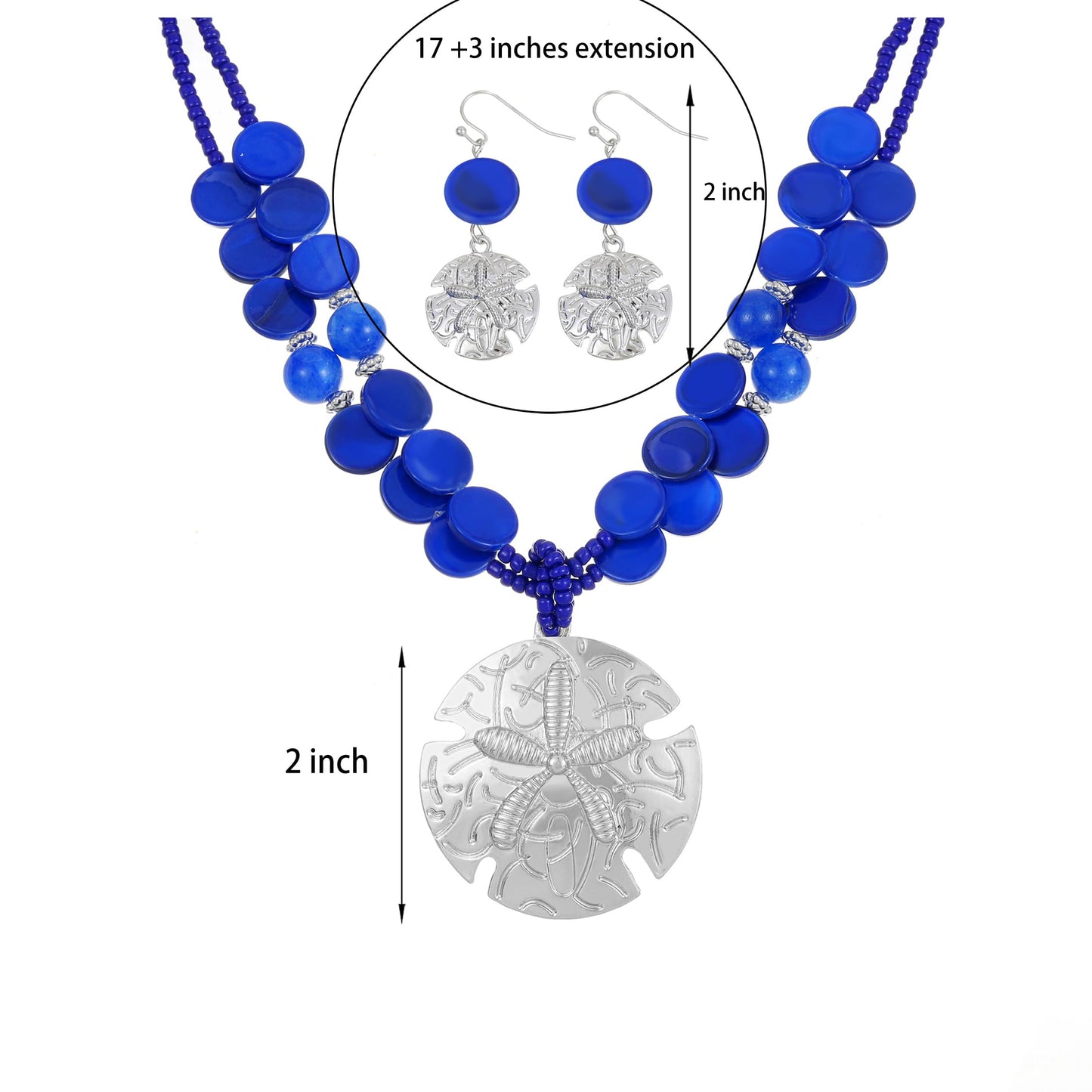 Perla Boho Starfish Necklace for Women, Chunky Layered Shell Beads Choker Necklace and Earrings Set, Ocean-Themed Summer Beach Jewelry (Blue)