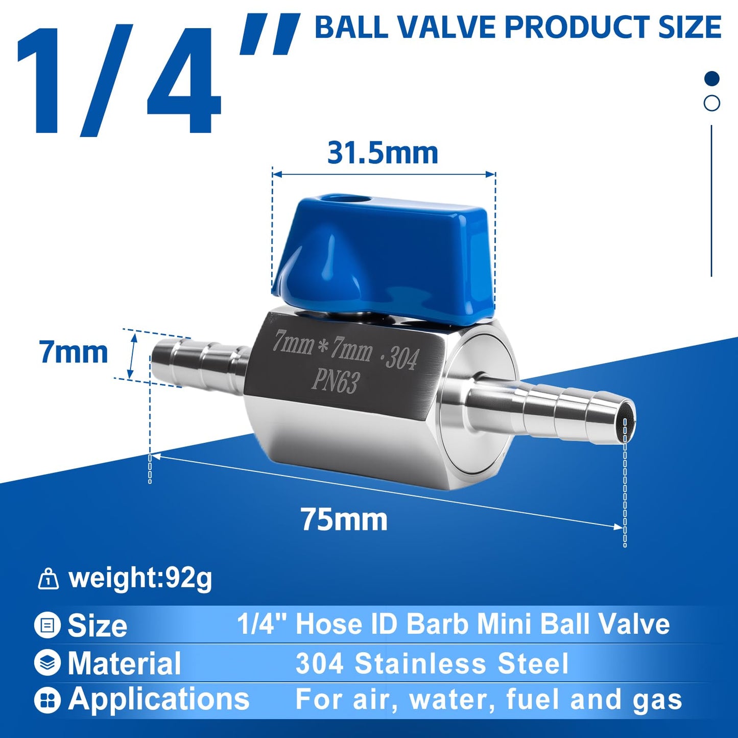 SKLSSVF 2 Pack 1/4" Hose ID Barb Mini Ball Valve, 304 Stainless Steel Small Shut Off Valve with Clamps Kit for Water Oil Gas (1/4 Inch)