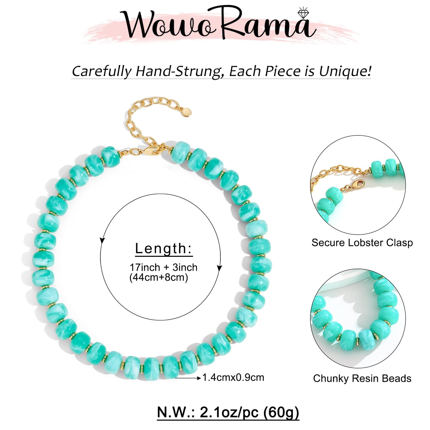 WOWORAMA Chunky Beaded Necklace for Women Lake Blue Resin Beads Choker Necklace Boho Blue Chunky Statement Necklaces Trendy Summer Holiday Jewelry