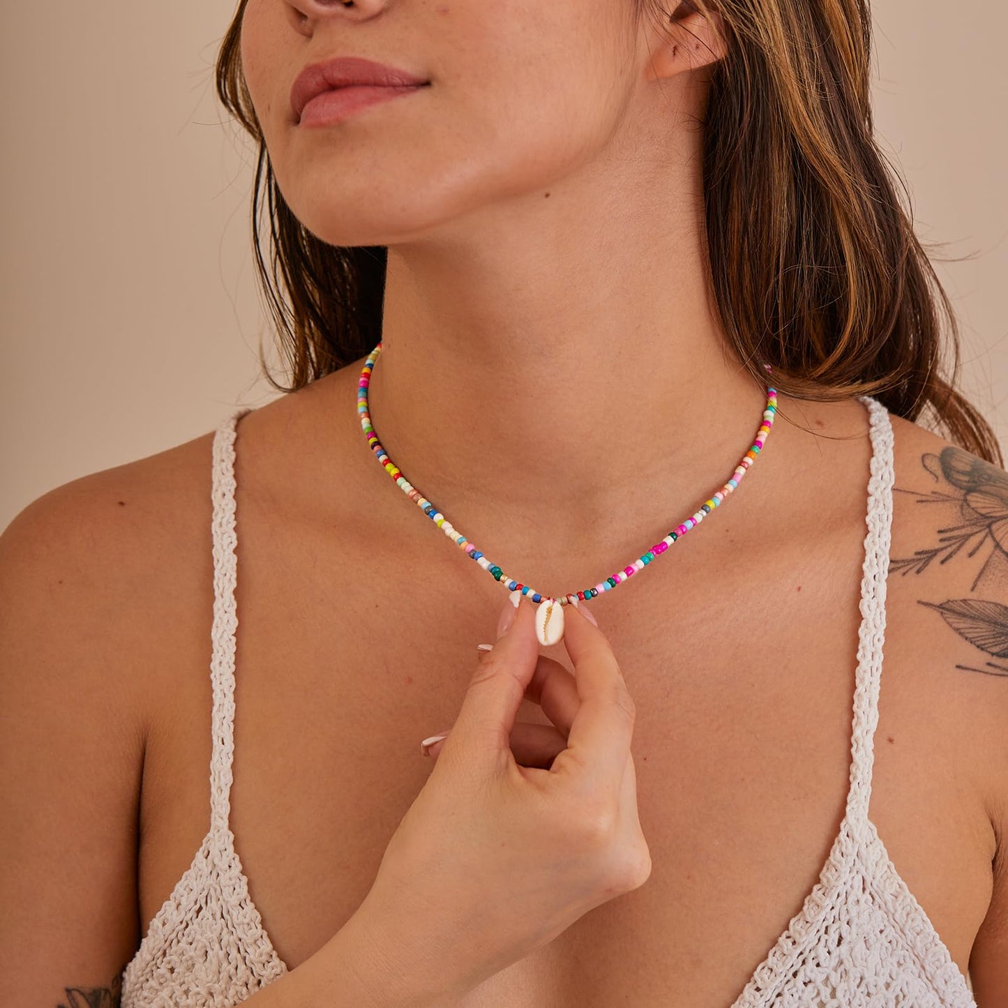 Plenky Gold Necklace for Women-Colorful Beaded Necklaces 14K Gold Plated Bohemian Choker Conch Shell Beachy Jewelry for Women Gifts
